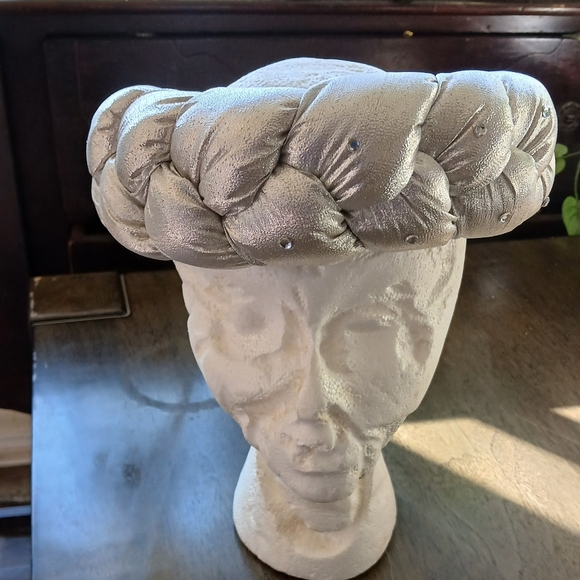 African Silver Hat Braided Crown Head Band Women's Bonnet Muslim Turban One Sz - Picture 2 of 5